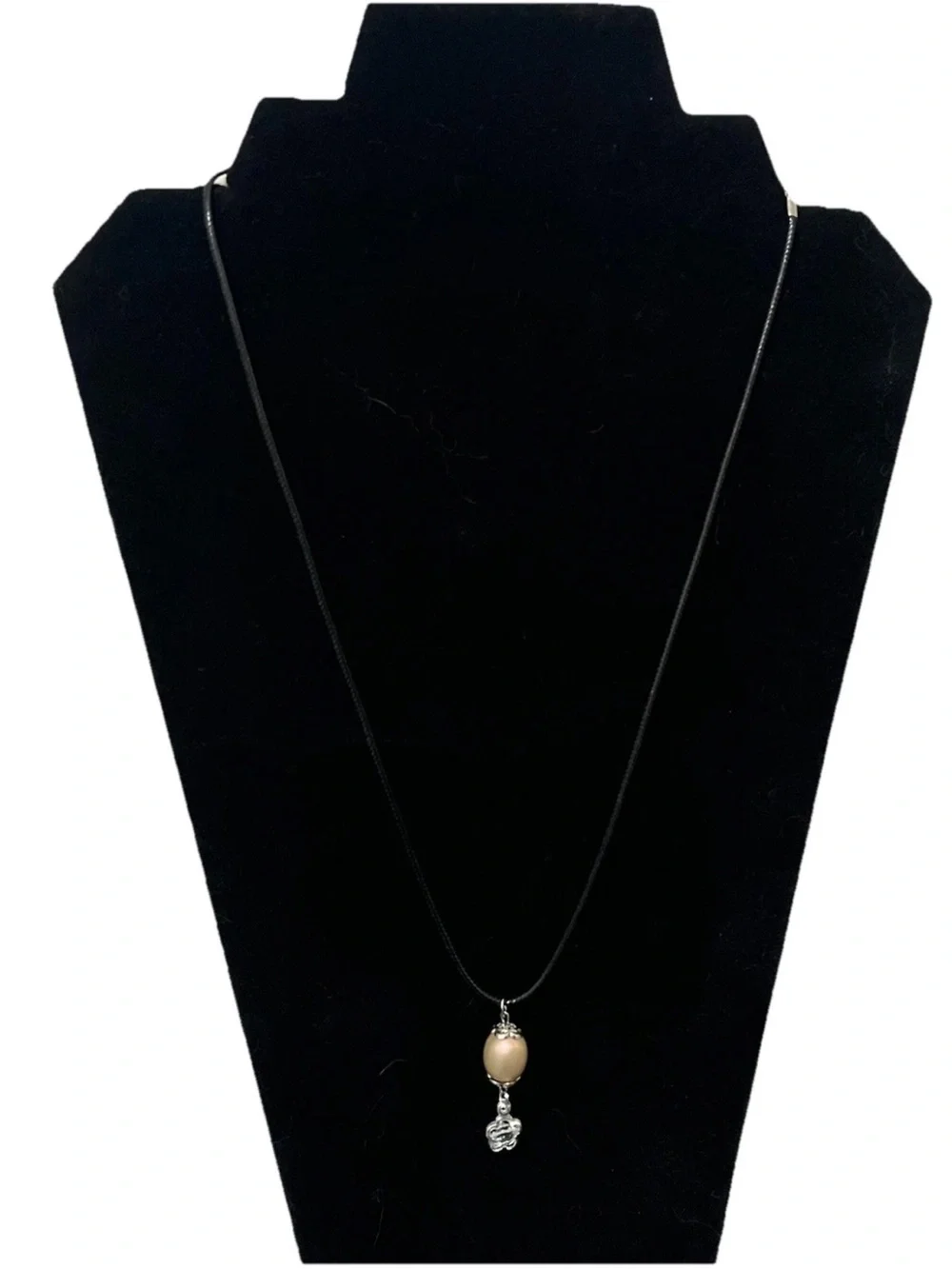 Handmade Silver Flower Oval Bead Pendant Necklace Black Leather Cord Statement